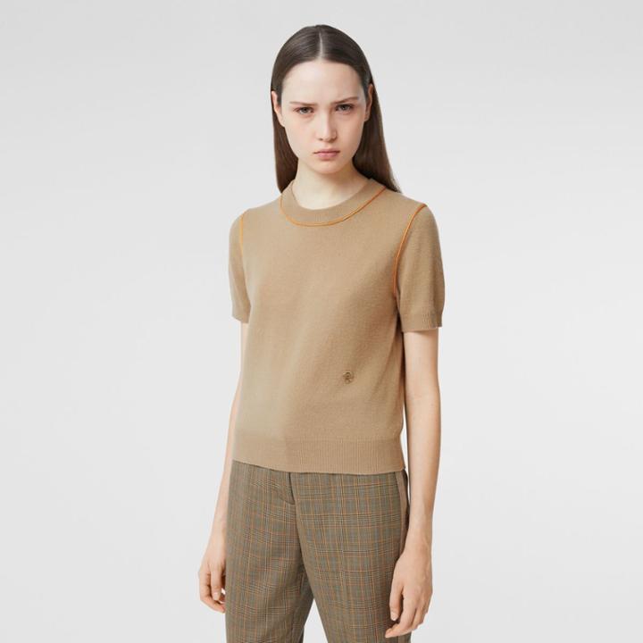 Burberry Burberry Silk Trim Monogram Motif Cashmere Top, Beige