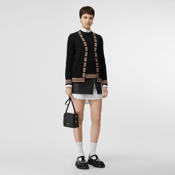 Burberry Burberry Icon Stripe Detail Merino Wool Cardigan, Black