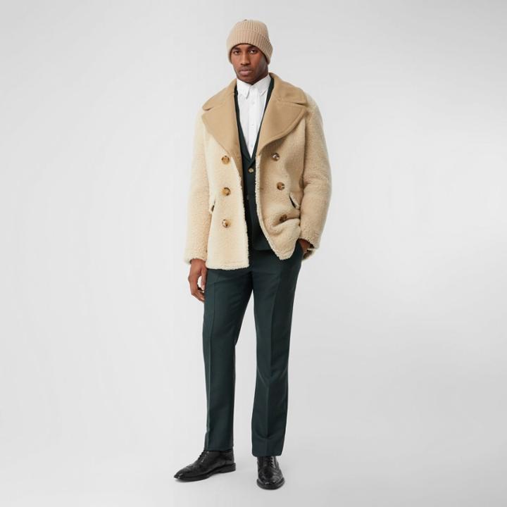 Burberry Burberry Contrast Wool Collar Shearling Pea Coat, Size: 48, White