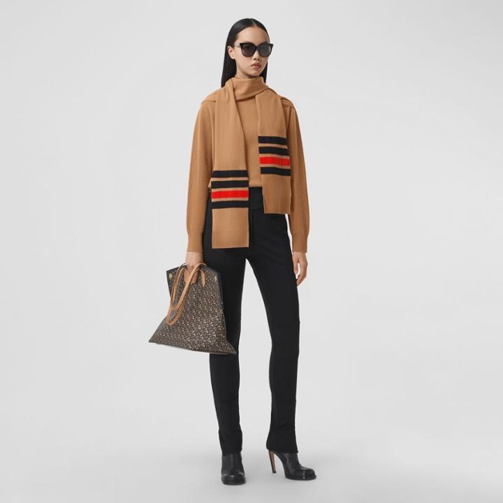Burberry Burberry Striped Scarf Detail Merino Wool Cashmere Sweater