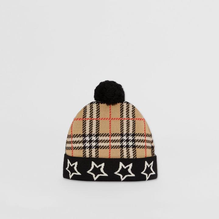 Burberry Burberry Childrens Star Detail Check Merino Wool Jacquard Beanie, Beige