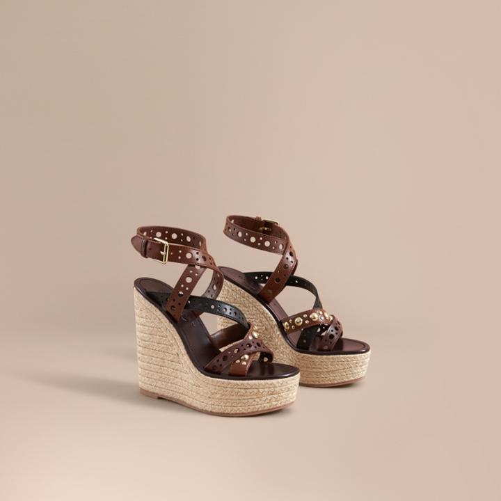 Burberry Burberry Riveted Leather Platform Espadrille Wedge Sandals, Size: 38, Purple