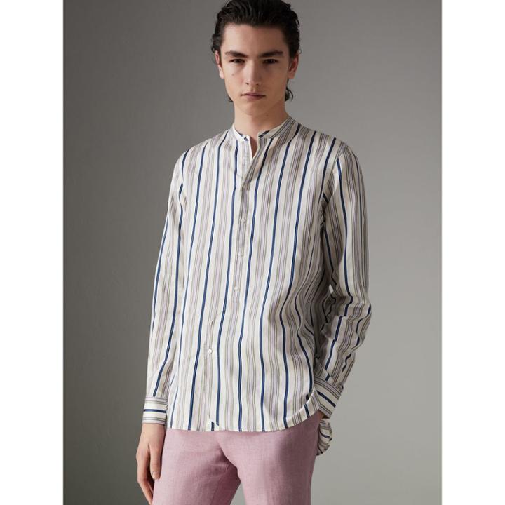 Burberry Burberry Grandad Collar Striped Silk Shirt, White