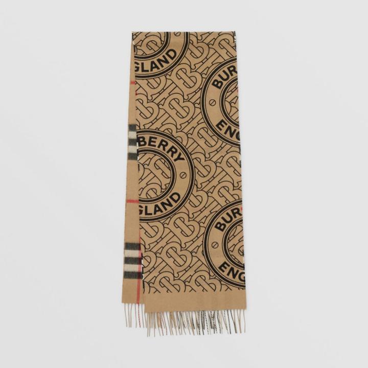 Burberry Burberry Reversible Check And Monogram Cashmere Scarf, Beige