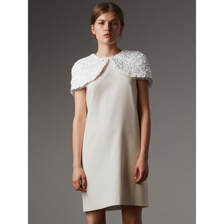 Burberry Burberry Silk Shift Dress With Detachable Paillette Cape, Size: 08, White