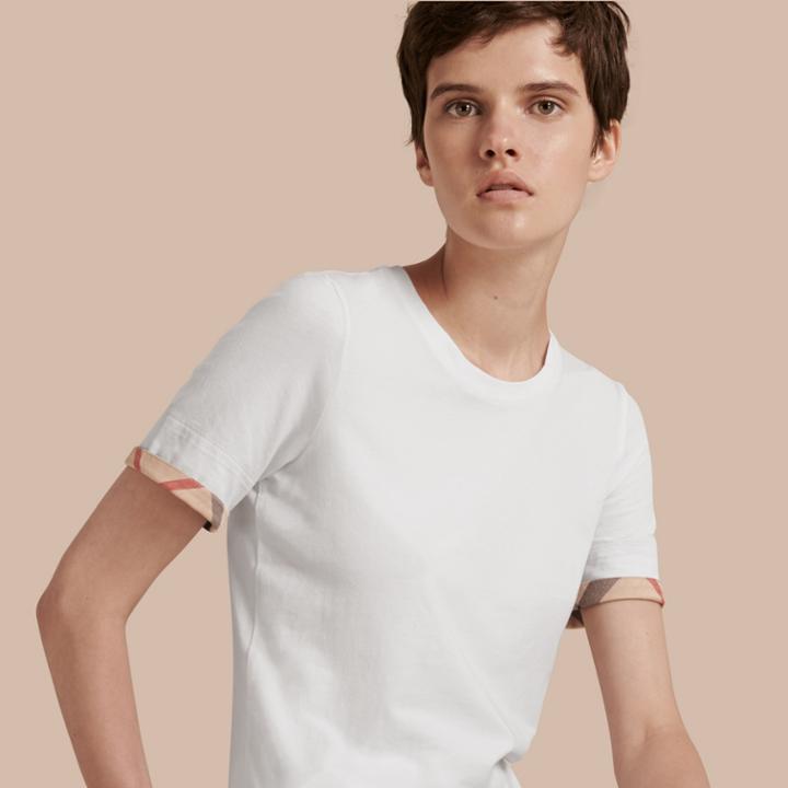 Burberry Burberry Check Cuff Stretch Cotton T-shirt, White