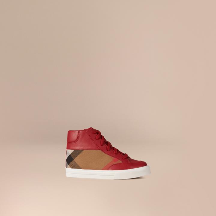 Burberry Burberry House Check And Leather High Top Trainers, Size: 30, Red
