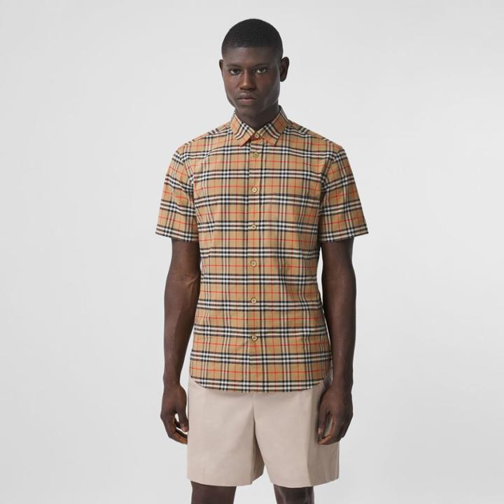 Burberry Burberry Short-sleeve Small Scale Check Stretch Cotton Shirt, Size: Xxxl, Beige
