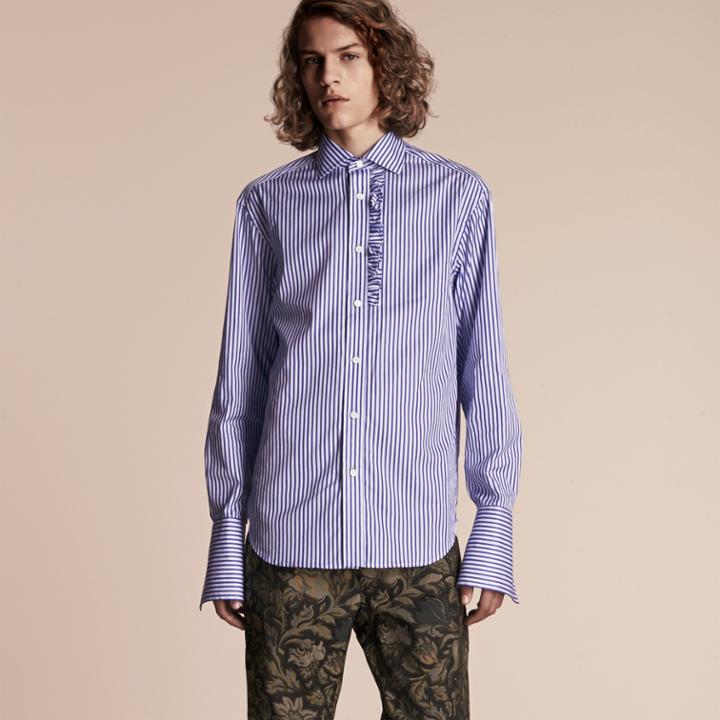 Burberry Burberry Ruffle Detail Striped Cotton Shirt, Size: 40, Blue