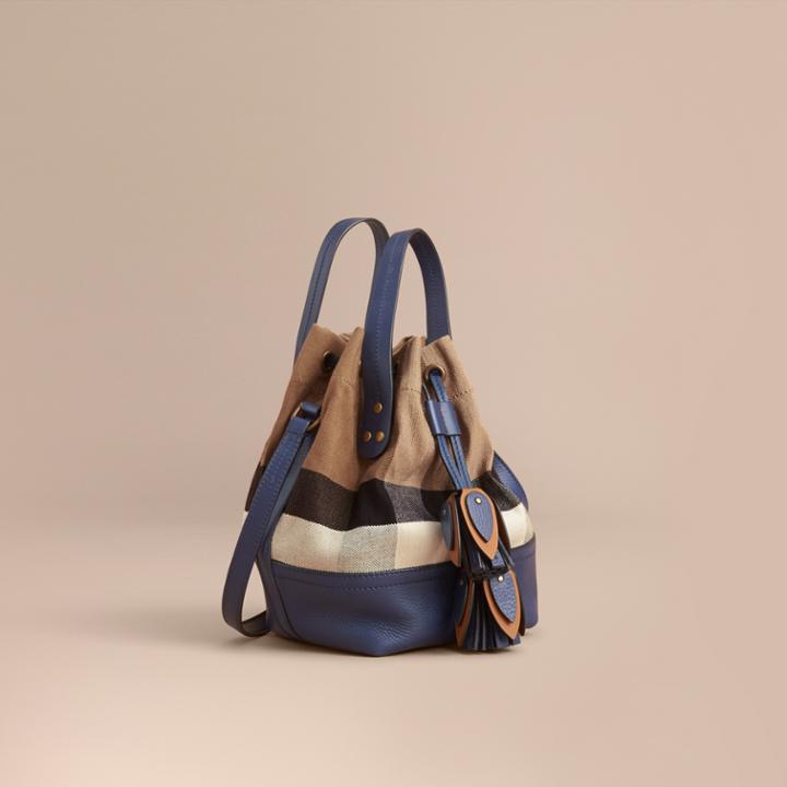 Burberry Burberry Small Canvas Check And Leather Bucket Bag, Blue