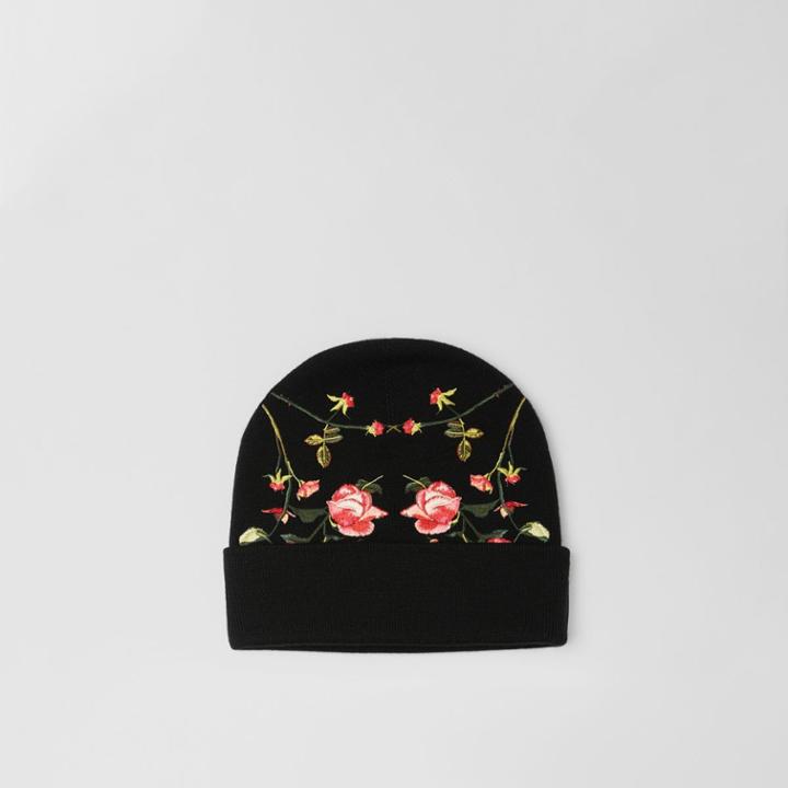 Burberry Burberry Embroidered Rose Merino Wool Beanie, Black