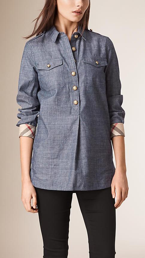 Burberry Brit Check Detail Military Cotton Tunic Shirt