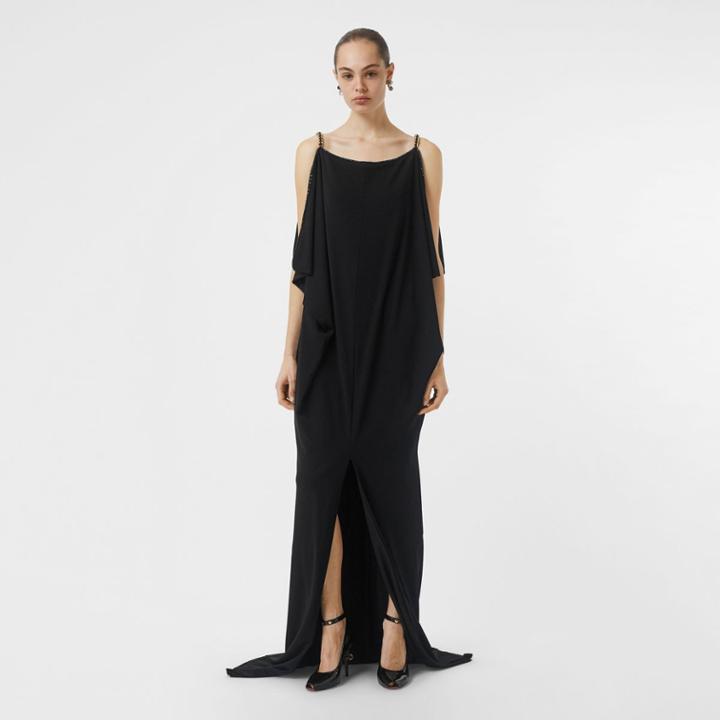 Burberry Burberry Crystal And Chain Detail Stretch Jersey Gown, Size: 04, Black