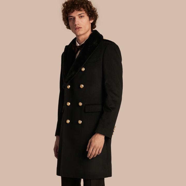 Burberry Burberry Regimental Cashmere Coat With Detachable Mink Collar, Size: 40, Black