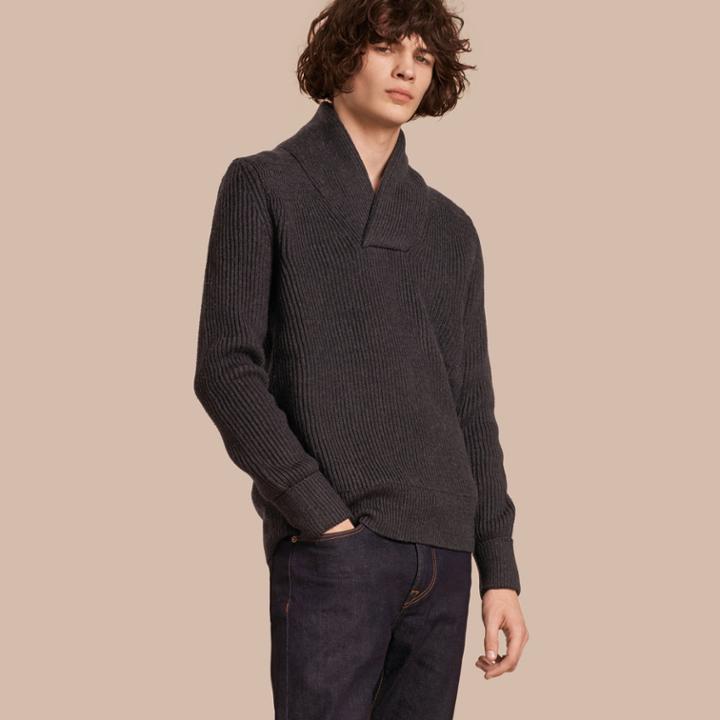 Burberry Burberry Shawl Collar Ribbed Wool Silk Sweater, Size: Xl, Grey