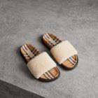 Burberry Burberry Shearling And Vintage Check Slides, Size: 35, Brown