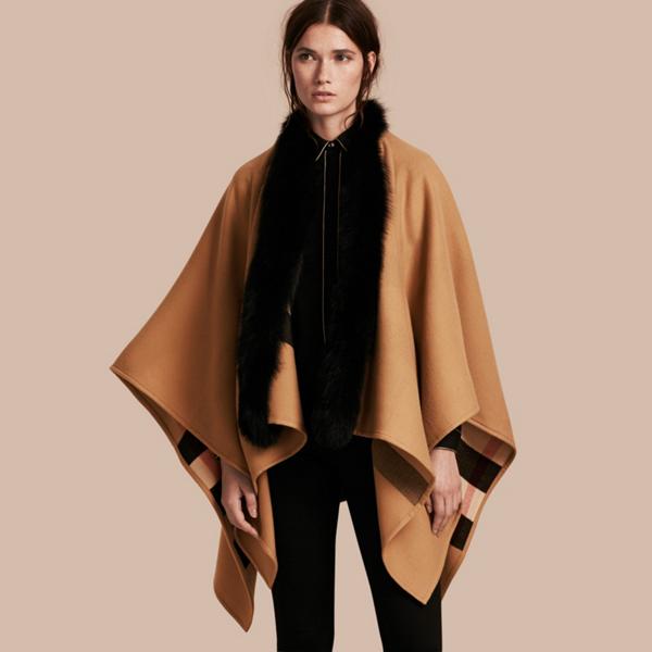 Burberry Check Merino Wool Poncho With Fox Fur Trim
