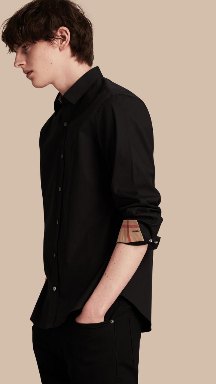 Burberry Burberry Check Detail Stretch Cotton Poplin Shirt, Black