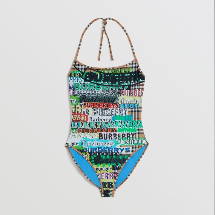 Burberry Burberry Tag Print Vintage Check Halterneck Swimsuit