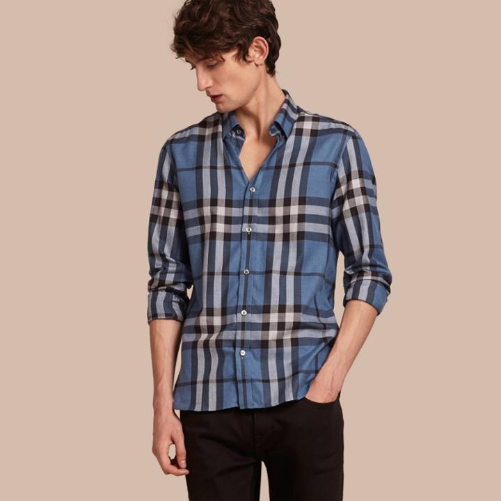 Burberry Burberry Check Cotton Cashmere Flannel Shirt, Blue