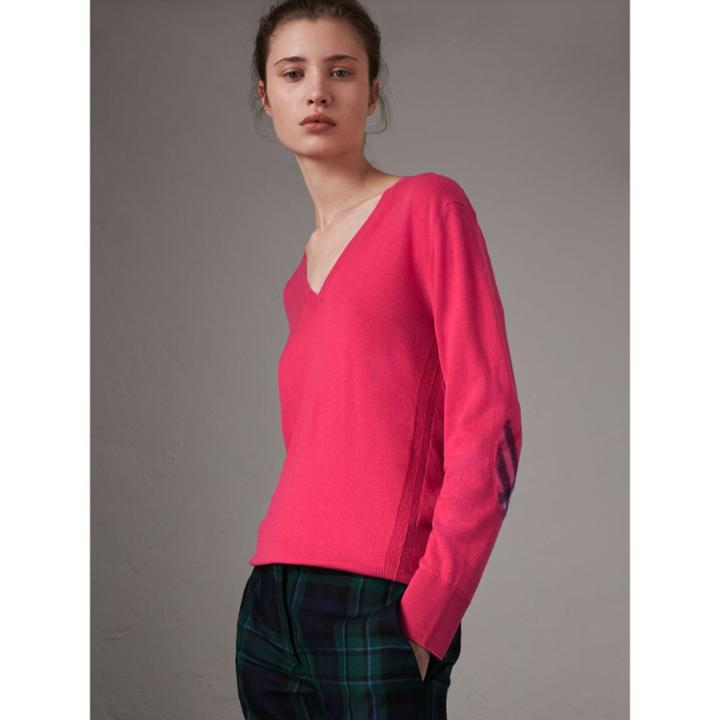 Burberry Burberry Check Detail Cashmere V-neck Sweater, Size: Xl