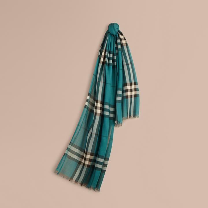 Burberry Burberry Lightweight Check Wool And Silk Scarf, Blue