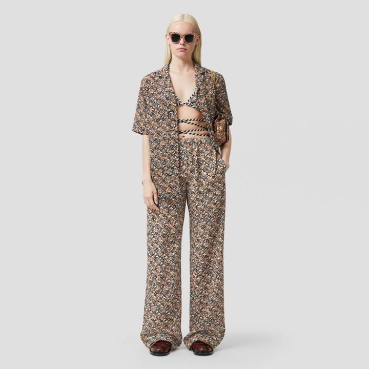 Burberry Burberry Monogram Print Silk Wide-leg Trousers, Size: 0