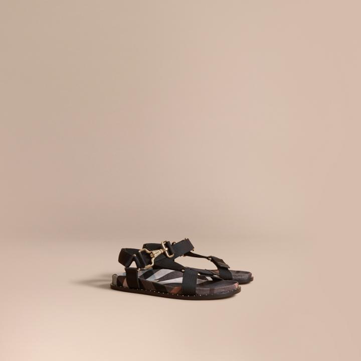 Burberry Burberry Hardware Detail Check Three-point Strap Ripstop Sandals, Size: 37, Purple