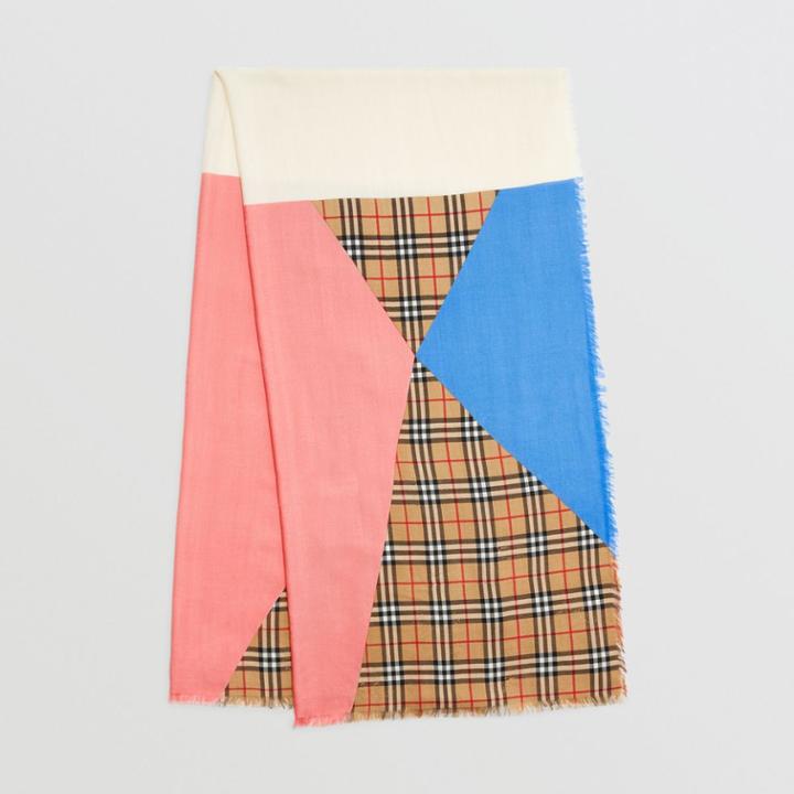 Burberry Burberry Vintage Check Colour Block Wool Silk Cashmere Scarf, Yellow