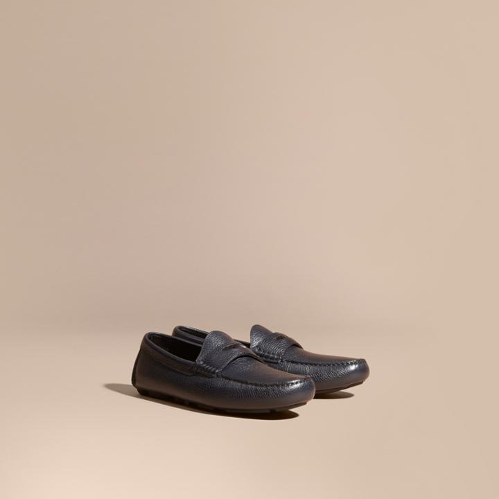 Burberry Burberry Grainy Leather Loafers With Engraved Check Detail, Size: 41, Blue