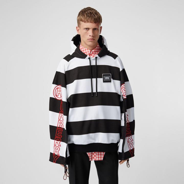 Burberry Burberry Zip Detail Logo Print Striped Cotton Hoodie, Black