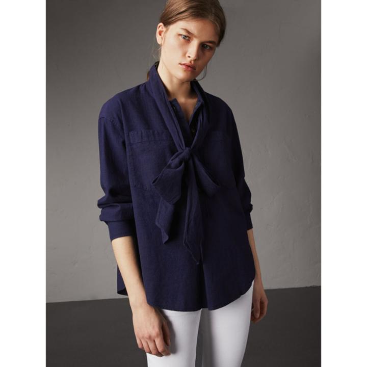 Burberry Burberry Neck Tie Cotton Chambray Shirt, Size: 12, Blue