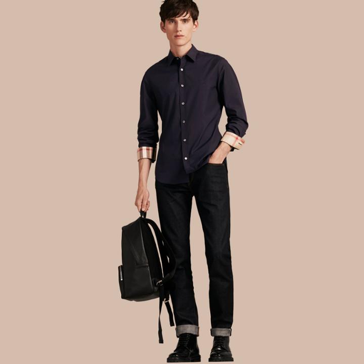 Burberry Burberry Check Detail Stretch Cotton Poplin Shirt, Size: Xxxl, Blue