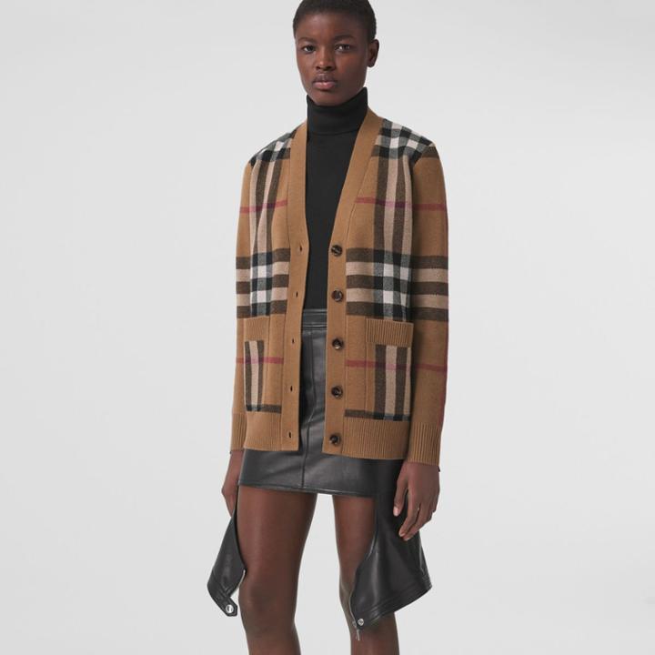 Burberry Burberry Check Wool Cashmere Jacquard Cardigan, Size: Xs