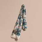 Burberry Peony Rose Print Check Wool Silk Scarf