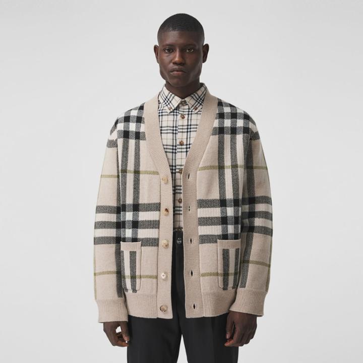 Burberry Burberry Check Wool Cashmere Jacquard Cardigan, Size: Xl