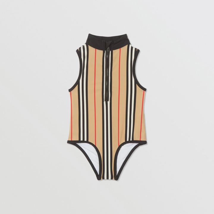 Burberry Burberry Childrens Icon Stripe Zip-front Swimsuit, Size: 12y, Beige