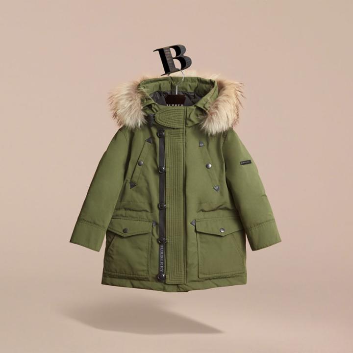 Burberry Burberry Fur-trimmed Down-filled Hooded Puffer Coat, Size: 10y, Green