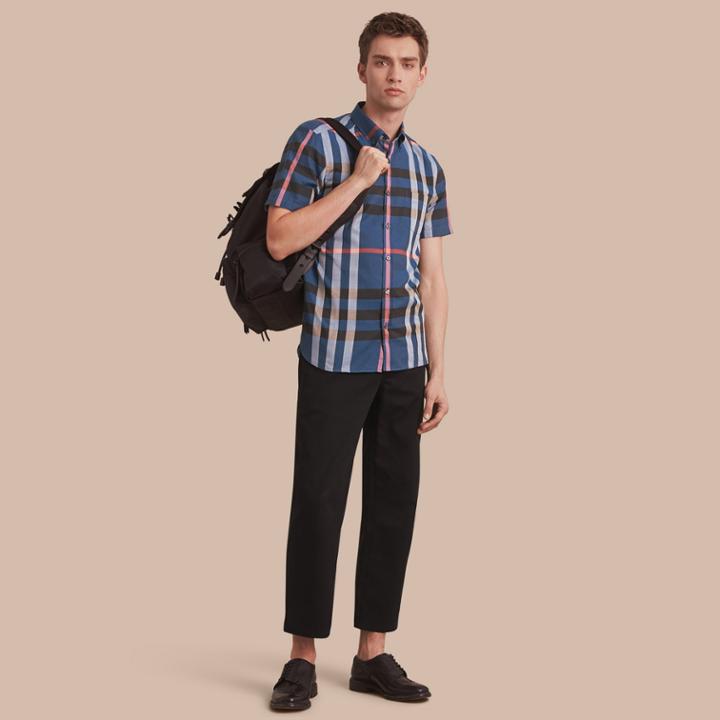 Burberry Burberry Button-down Collar Short-sleeve Check Cotton Shirt, Blue