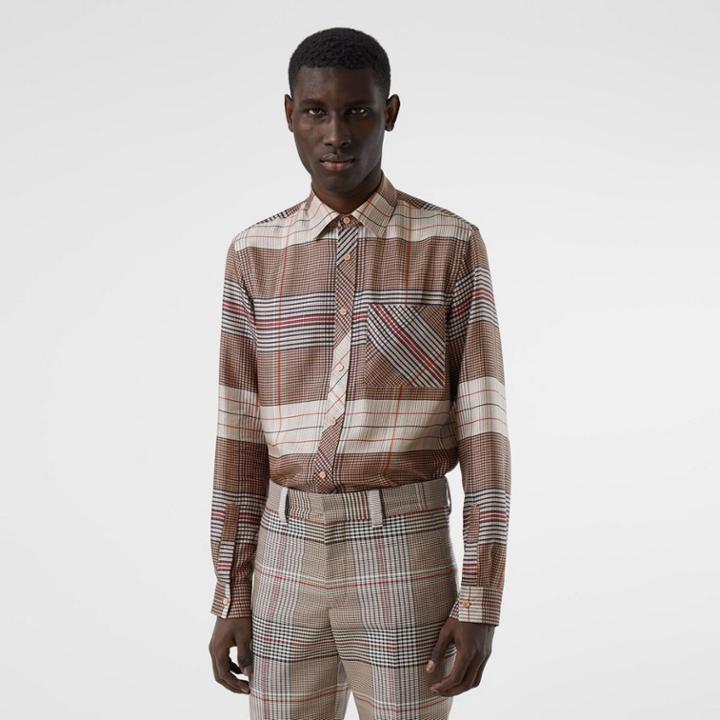 Burberry Burberry Classic Fit Contrast Check Silk Twill Shirt, Size: 38, Beige