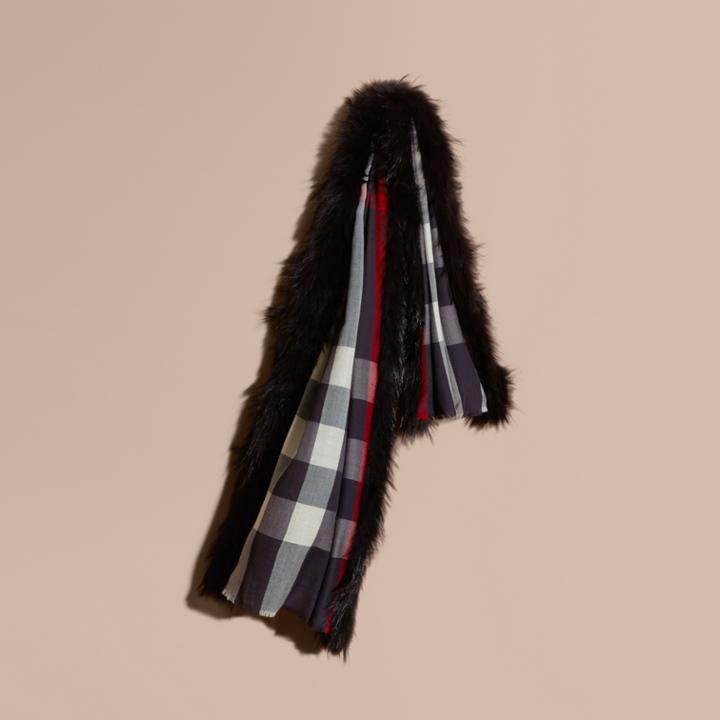 Burberry Burberry Raccoon Trim Check Wool Cashmere Scarf, Blue