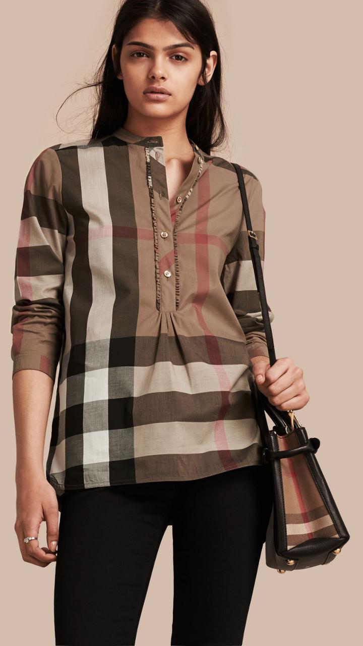 Burberry Burberry Check Cotton Tunic Shirt, Size: 06, Beige