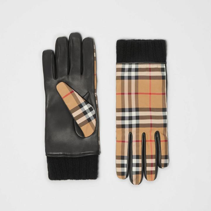 Burberry Burberry Cashmere-lined Vintage Check And Lambskin Gloves, Size: 8, Yellow
