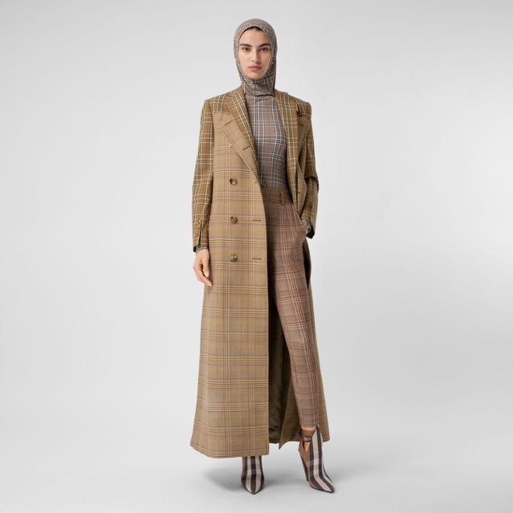 Burberry Burberry Contrast Check Wool Cotton Trench Coat, Size: 04, Brown