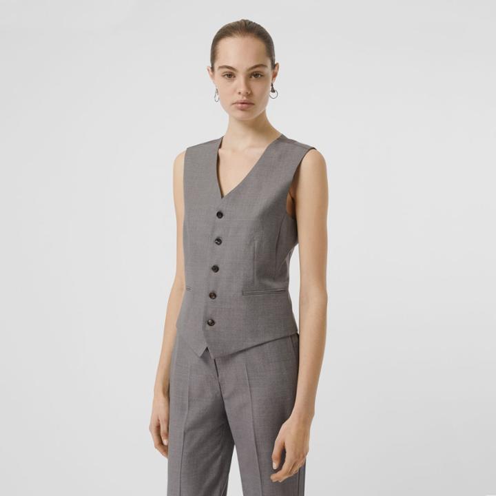 Burberry Burberry Satin Panel Wool Tailored Waistcoat, Size: 10, Grey