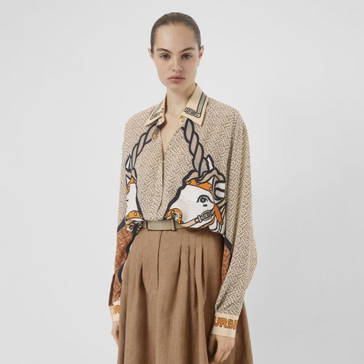 Burberry Burberry Unicorn And Monogram Print Silk Shirt, Size: 06, Beige
