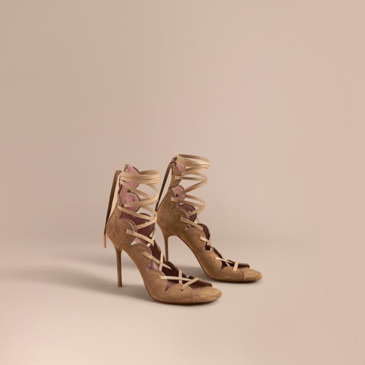 Burberry Burberry Scalloped Suede Lace-up Sandals, Size: 38, Grey