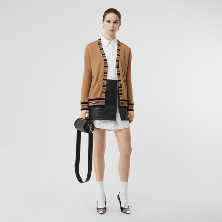Burberry Burberry Icon Stripe Detail Merino Wool Cardigan, Brown