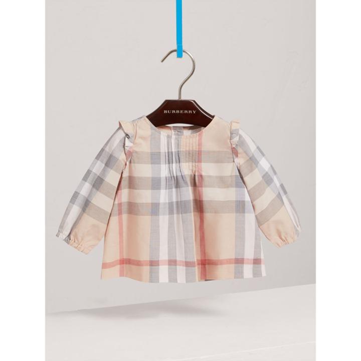 Burberry Burberry Ruffle And Pintuck Detail Check Cotton Top, Size: 12m, Pink