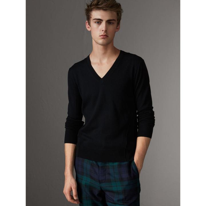 Burberry Burberry Check Detail Merino Wool V-neck Sweater, Black